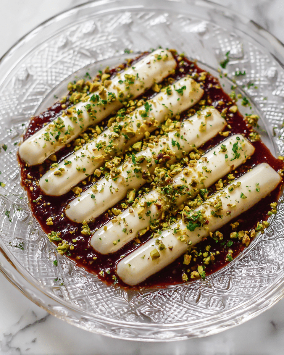 A clear glass plate with a patterned edge holds six long, smooth white cream sticks placed side by side. Underneath each stick is a thick, dark red sauce spread evenly in strips. The cream sticks and sauce are sprinkled with small, bright green chive pieces and crunchy, chopped pistachio nuts in light and dark green shades. The plate is set on a white marbled surface. photo taken with an iphone --ar 4:5 --v 7