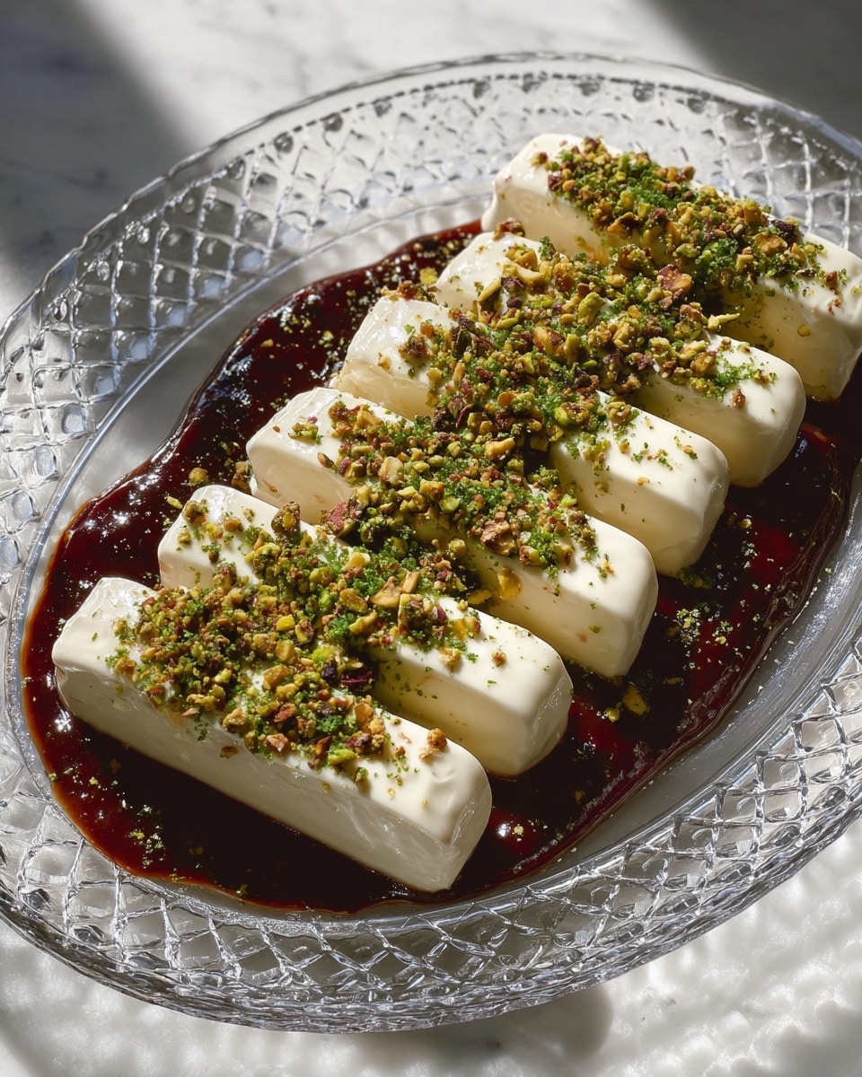 The image shows five long, smooth white cream layers placed evenly in parallel on top of a thick, dark brown sauce base arranged as the bottom layer. The sauce has a shiny, rich texture that contrasts with the soft, creamy top layers. On top of the cream layers is a sprinkling of chopped green pistachios and fine green herbs, adding texture and a fresh touch. The dish is served on a clear, patterned glass plate, sitting on a white marbled surface. Bright natural light casts soft shadows, enhancing the textures and colors of the dish. Photo taken with an iphone --ar 4:5 --v 7