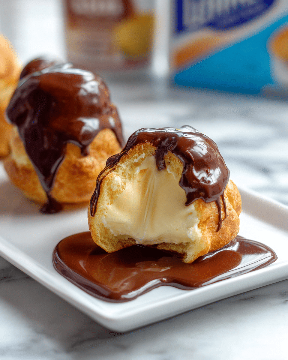 A close-up of a white plate filled with seven small round cream puffs made of light golden pastry. Each puff is generously covered with thick, shiny dark chocolate sauce that drips down the sides and pools at the base of the plate. The cream puffs are arranged in a loose pile, showcasing their soft texture and the rich chocolate on top. The plate sits on a white marbled surface. photo taken with an iphone --ar 4:5 --v 7