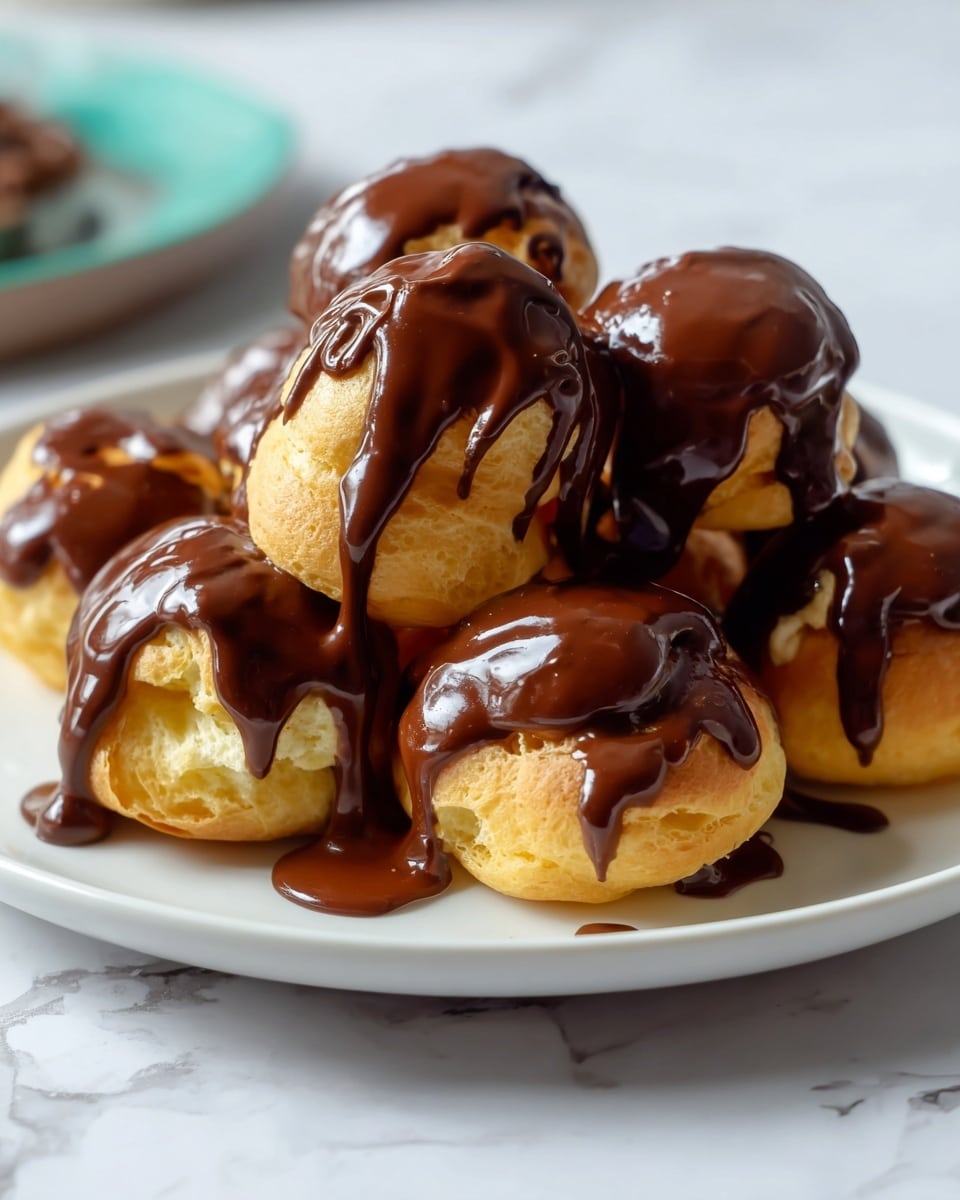 The image shows a white rectangular plate with two cream puffs. The cream puff in the front is cut in half, revealing a smooth, creamy light beige filling inside the golden and airy puff pastry. This half sits on a thick layer of glossy dark chocolate sauce spread across the plate. The second whole cream puff in the background is covered with the same dark chocolate sauce, dripping down its sides. The plate is placed on a white marbled surface, and in the blurred background, there is a container with blue and white packaging. photo taken with an iphone --ar 4:5 --v 7