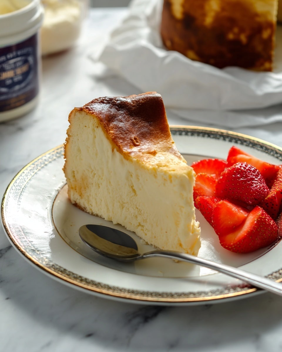 The image shows a cheesecake with a thick, creamy, pale yellow inside layer topped with a dark golden-brown, slightly burnt surface that is uneven and lightly cracked. The cheesecake sits on a crumpled white parchment paper that gathers crumbs and brown residue around it. The outer crust is golden and crinkled, wrapping the cheesecake’s edges irregularly. One slice is missing, revealing the smooth texture inside. The cake rests on a round metal tray, all set on a white marbled surface. Photo taken with an iphone --ar 4:5 --v 7
