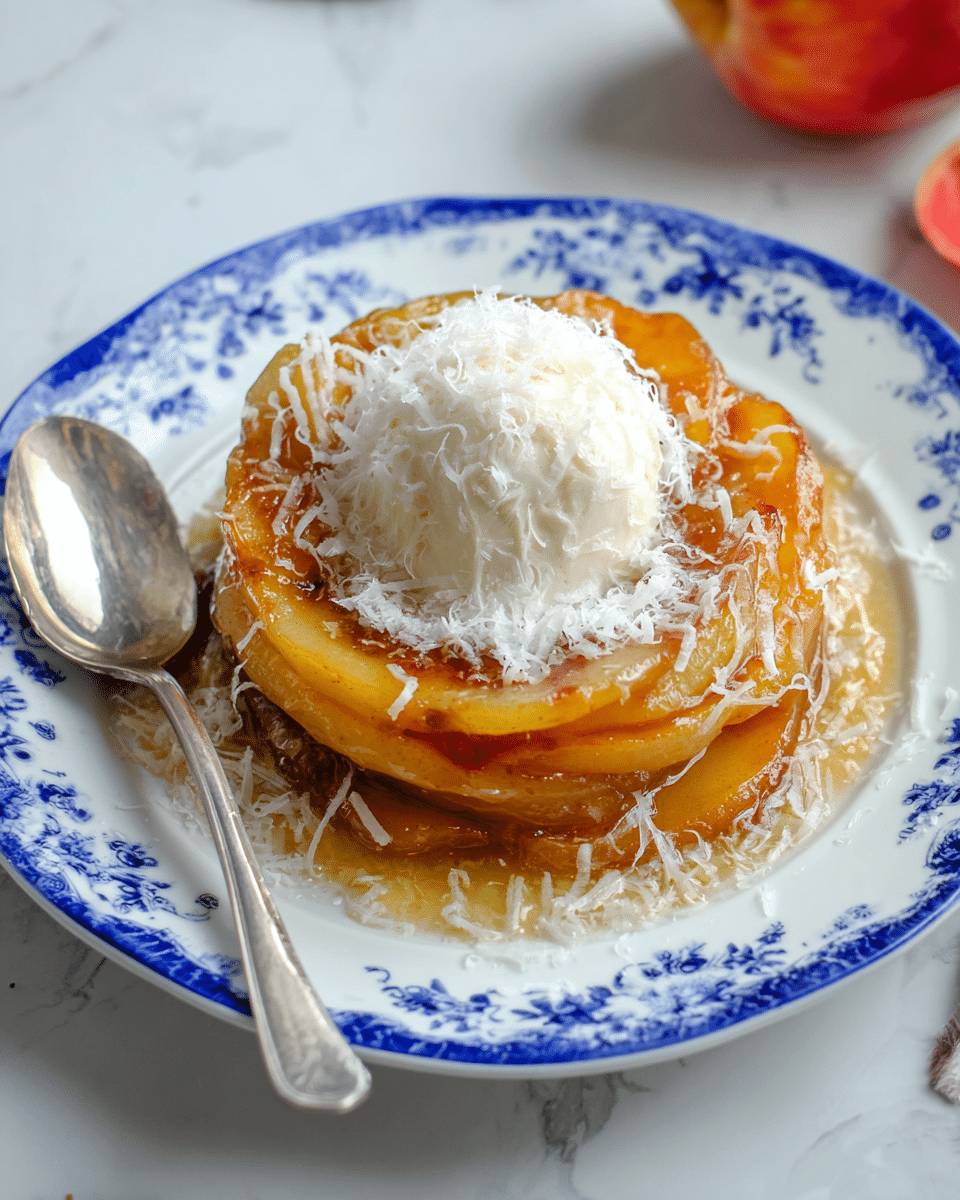 A dessert with multiple layers of cooked apple slices arranged in a circular pattern with golden brown and slightly orange hues, creating a shiny, caramelized texture. On top is a white, round scoop of soft ice cream or whipped cream covered with finely grated white cheese or coconut flakes, adding a delicate, fluffy texture. The dish is served on a white plate with blue floral patterns, with a silver spoon resting beside it. The background is a white marbled surface with parts of a red apple and another object blurred in the background. Photo taken with an iphone --ar 4:5 --v 7