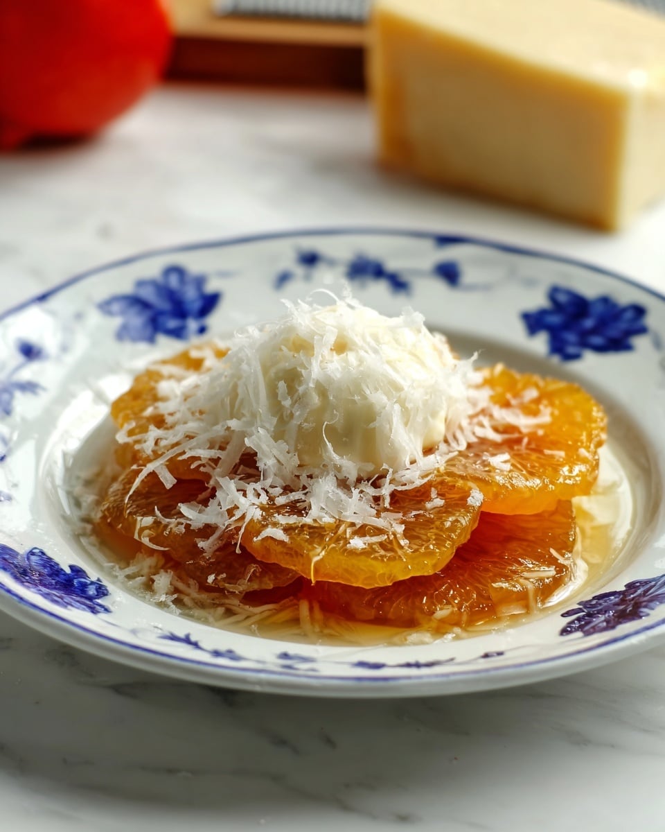 This image shows a dish with two layers of cooked translucent orange slices, looking soft and juicy, placed on a white plate with blue floral patterns. The orange slices are layered closely in a circular shape. On top, there is a round scoop of white cream or ice cream, covered with finely grated white cheese that lightly spills over onto the orange slices. The plate sits on a white marbled surface, with blurred background elements including a block of cheese and a red object. Photo taken with an iphone --ar 4:5 --v 7