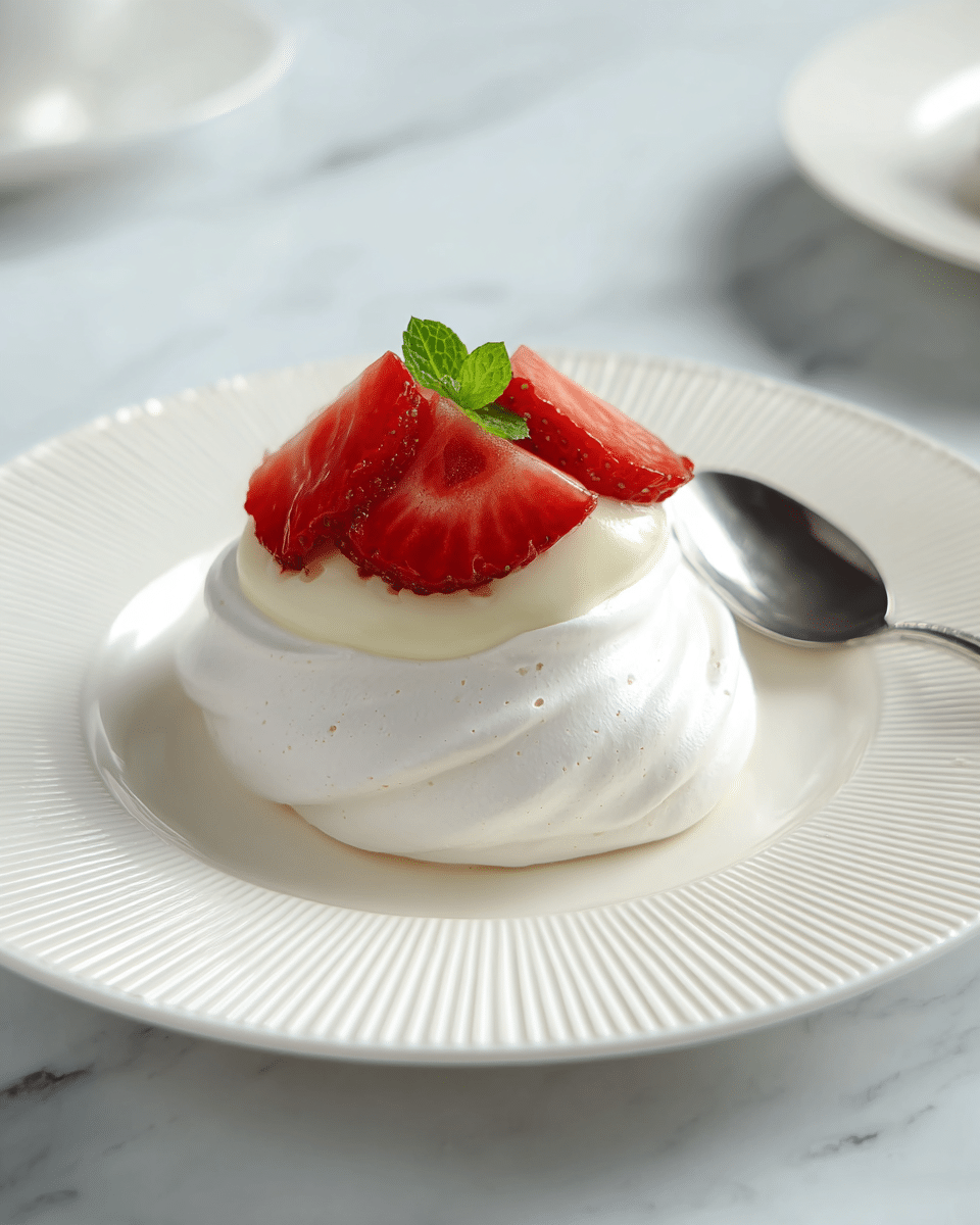 A small dessert with three visible layers sits on a white plate with a subtle striped pattern. The bottom layer is a soft, white meringue shaped in a rough circle with a slightly cracked texture. On top of the meringue lies a smooth, creamy pale yellow layer, thicker in the center and spread evenly. The top layer consists of bright red, glossy strawberry pieces arranged on the cream, with a small green mint leaf garnish adding a fresh touch. The plate rests on a white marbled surface with a silver spoon placed near the dessert. In the background, there are blurred similar desserts and a white cup on a matching saucer. photo taken with an iphone --ar 4:5 --v 7
