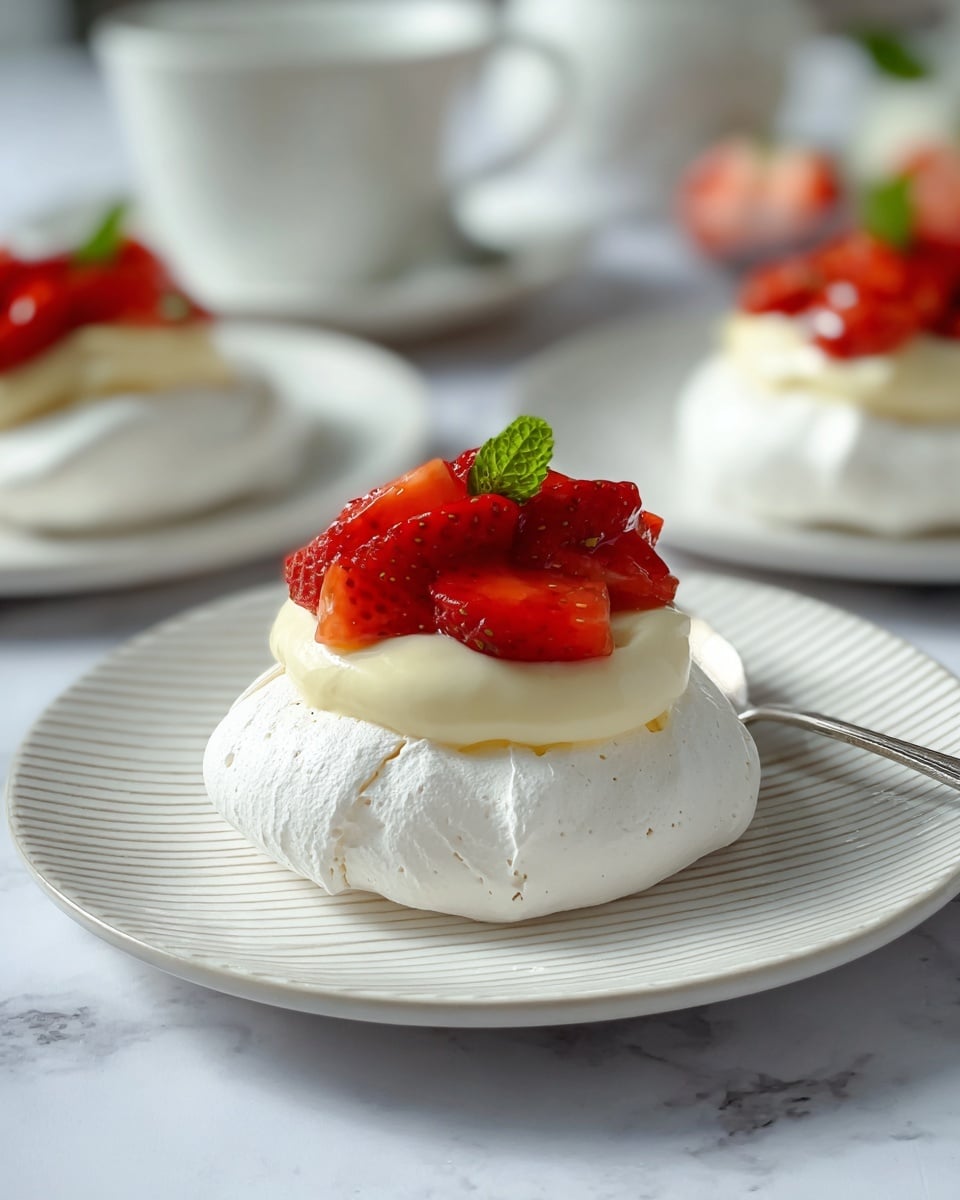 A single white meringue nest sits in the center of a white plate with light ridges around the edge. The meringue is smooth and glossy with visible swirls and a slightly cracked base, showing a soft, crisp texture. On top is a creamy, pale off-white dollop of custard or cream, topped with several bright red strawberry slices arranged to form a small peak, and finished with a small green mint leaf at the very top. A silver spoon rests beside the dessert on the plate, which is placed on a white marbled surface. photo taken with an iphone --ar 4:5 --v 7