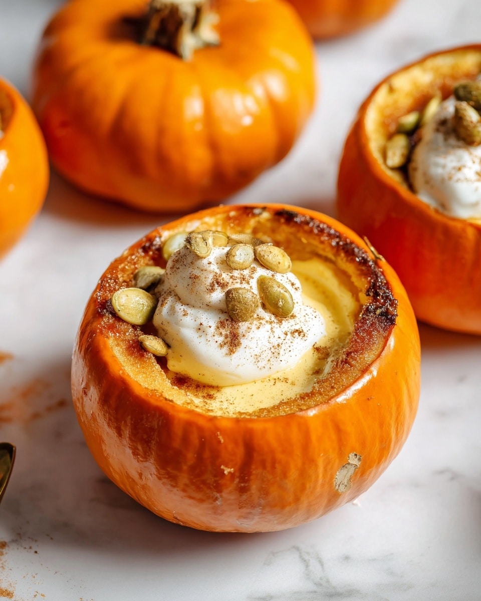 A small orange pumpkin hollowed out and filled with a creamy, smooth light yellow custard, topped with a crisp caramelized brown sugar crust on one side. On top of the crust, there is a dollop of white whipped cream sprinkled with light brown cinnamon powder and scattered toasted pumpkin seeds. The pumpkin’s outer skin is bright orange with a slightly rough texture, and the top lid sits in the background, showing its bright orange inside. All the pumpkins are placed on a white marbled surface with soft lighting. Photo taken with an iphone --ar 4:5 --v 7