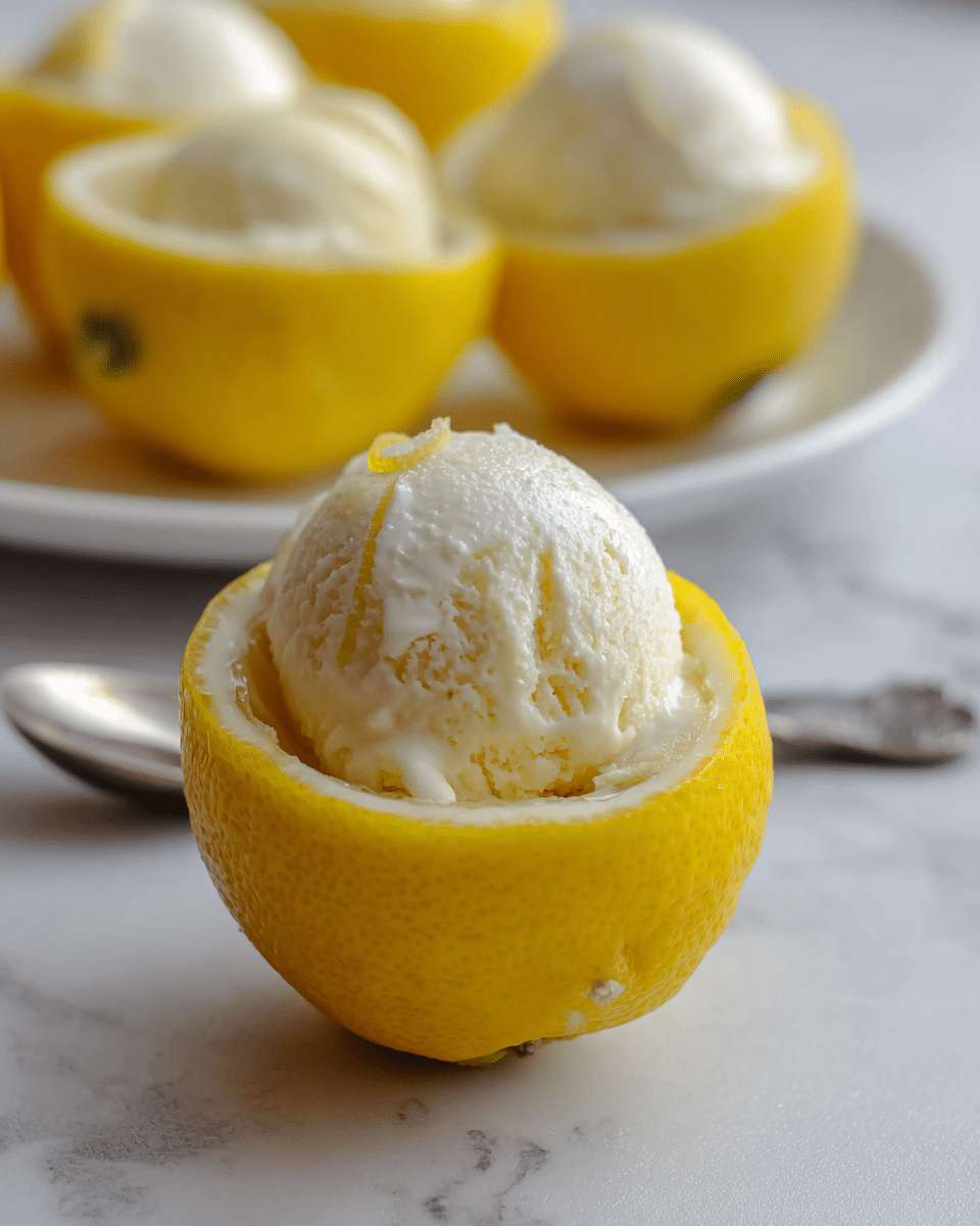 A close-up of a dessert made of a bright yellow lemon half serving as a bowl, filled with a single scoop of creamy, white ice cream that has a slightly textured surface. The lemon half sits on a white marbled surface, with more lemon halves filled with ice cream blurred in the background, placed on a white plate. A silver spoon lies nearby, adding to the simple, fresh presentation. The focus is on the front lemon bowl and ice cream, showing the contrast between the smooth ice cream and the lemon’s textured skin. photo taken with an iphone --ar 4:5 --v 7