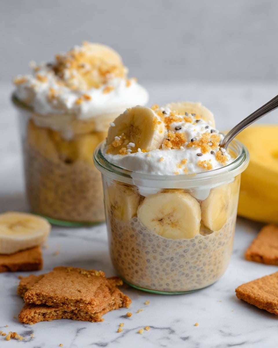 Two glass jars hold a layered banana chia pudding dessert. The bottom layer is light brown with chia seeds visible, showing a thick pudding texture. In the middle, there is a layer of banana slices, pale yellow with soft texture, pressed against the glass. On top, there is a creamy white layer of whipped cream or yogurt, sprinkled with small golden brown crumbs and extra banana slices. One jar is slightly behind the other, and a spoon is scooping some pudding from the front jar. Around the jars are broken golden brown biscuit pieces, a banana, and banana slices on a white marbled surface. Photo taken with an iphone --ar 4:5 --v 7