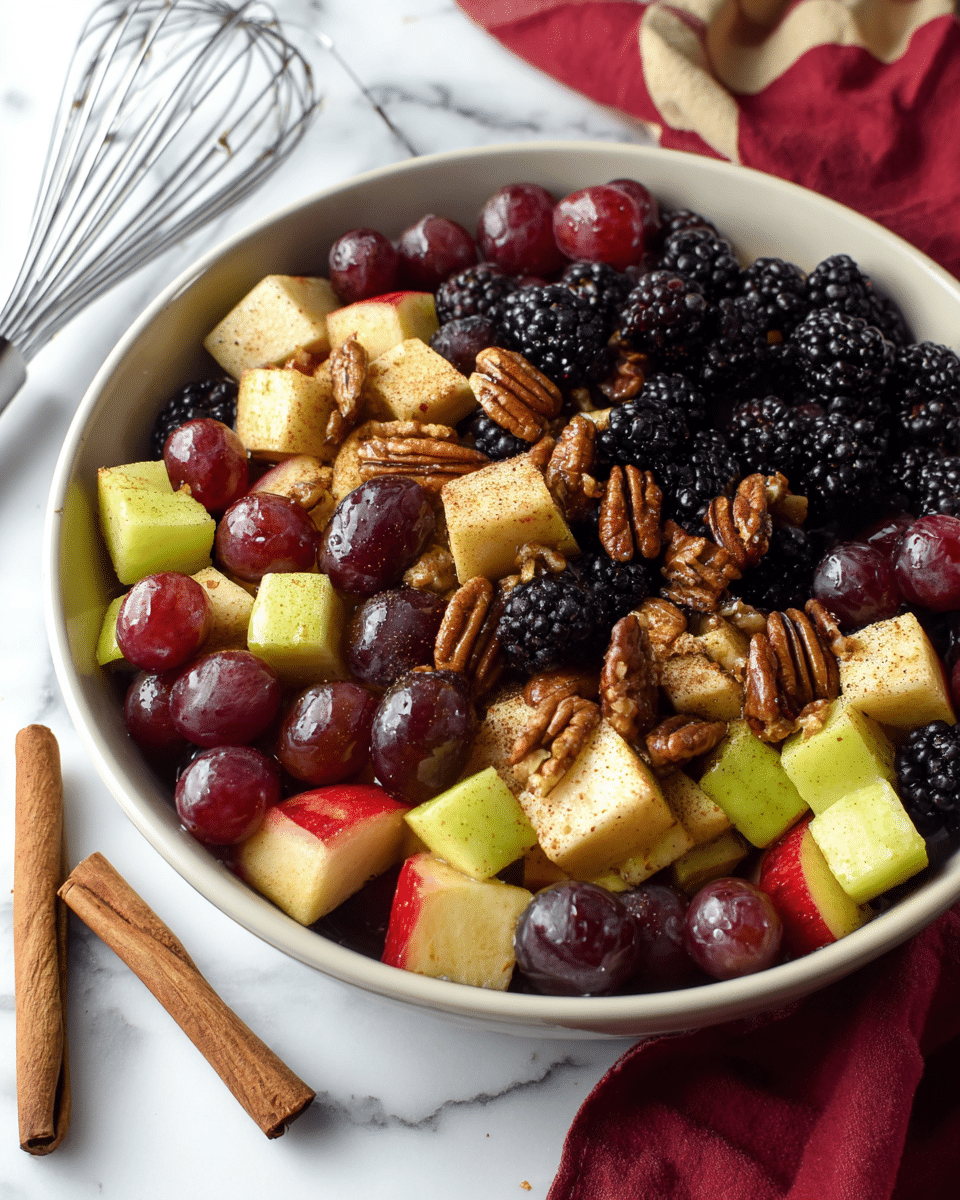 A white bowl filled with a fresh fruit mix showing three layers: the bottom layer has dark purple and red grapes, the middle layer contains large chunks of yellow and red apples with a light dust of cinnamon, and the top layer is a mix of blackberries and whole pecans, all lightly coated to show a shiny texture. The bowl is placed on a white marbled surface with two cinnamon sticks nearby and a metal whisk in the background, along with a red and beige cloth partially visible. photo taken with an iphone --ar 4:5 --v 7