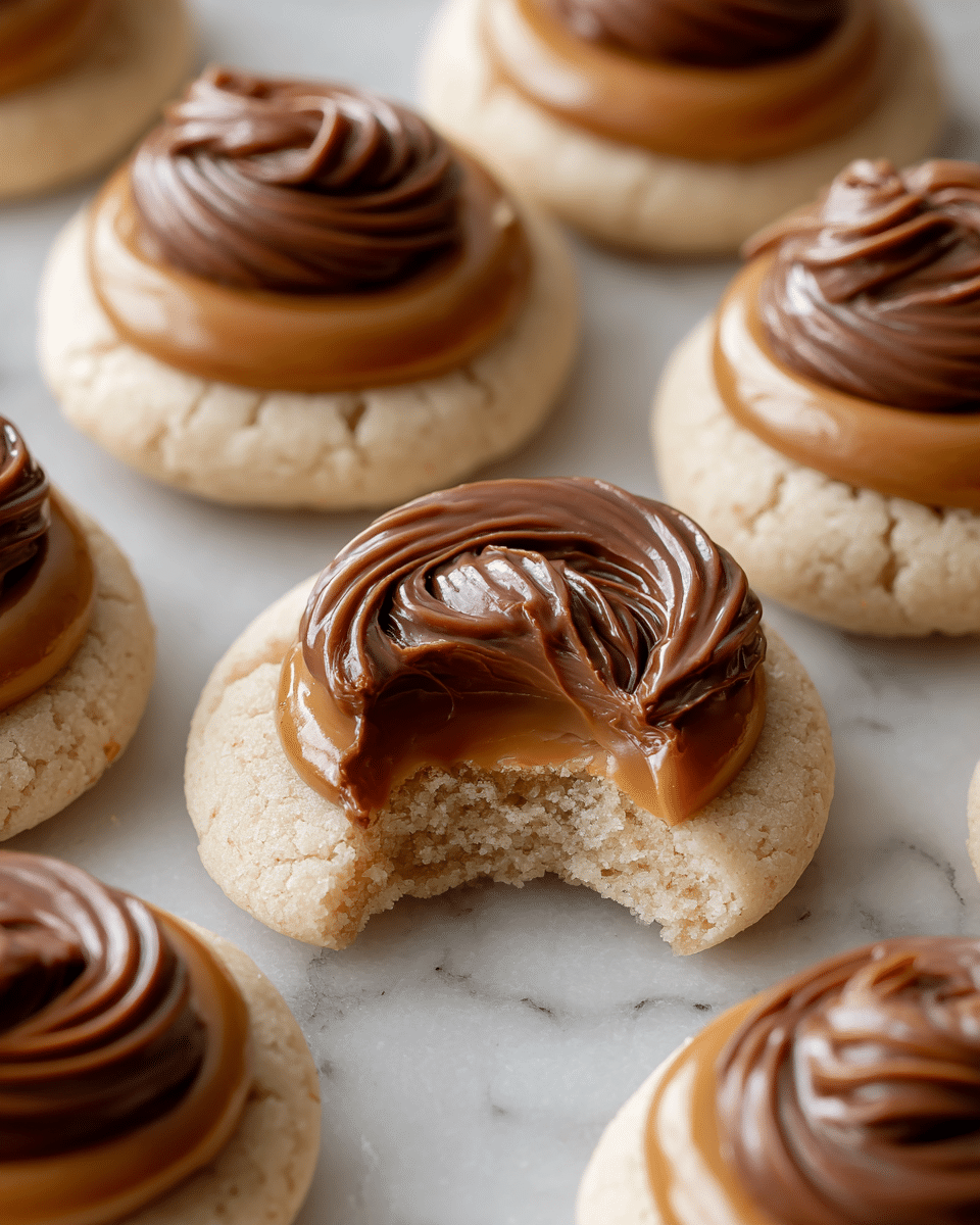 The image shows several round cookies arranged on a white marbled texture surface. Each cookie has three layers: the base is a light, pale beige cookie with a soft texture, the middle layer is a smooth, glossy caramel ring that partially covers the cookie, and the top layer is a swirled chocolate dome in a rich brown color. One cookie in the center has a bite taken out of it, revealing the soft, crumbly inside of the cookie beneath the caramel and chocolate layers. The lighting highlights the shiny texture of the caramel and the swirl details of the chocolate. photo taken with an iphone --ar 4:5 --v 7