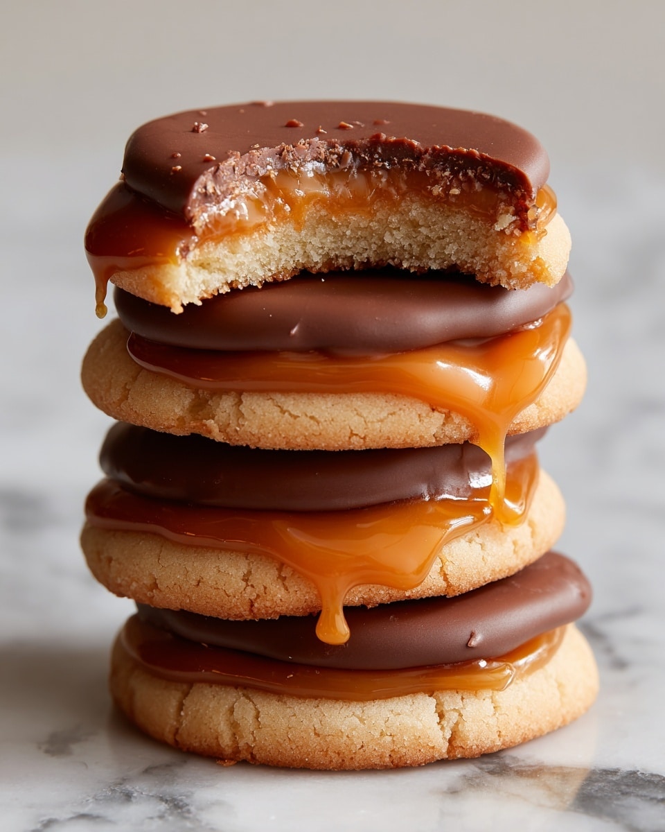 A stack of four round cookies is shown, each cookie has a pale, soft-looking base. On top of each cookie is a thick layer of shiny orange caramel spread evenly, and above that is a smooth round layer of milk chocolate with a glossy finish. The top cookie has a bite taken out of it, revealing the soft texture of the cookie and some caramel dripping. The cookies sit on a white marbled surface. photo taken with an iphone --ar 4:5 --v 7