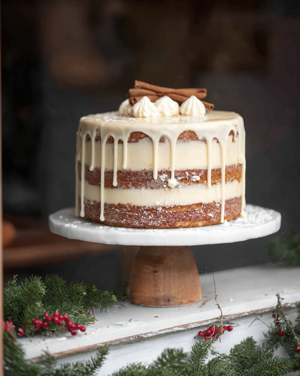 A three-layer cake sits on a white cake stand with a wooden base, placed on a white marbled surface with green pine branches and red berries around it. The cake has a light brown base color with thin, uneven layers of cream-colored frosting between each layer. The top layer is covered with smooth cream frosting with white icing dripping down the sides. On top, there are two cinnamon sticks and some dollops of whipped cream. The background is dark and softly blurred. Photo taken with an iphone --ar 4:5 --v 7