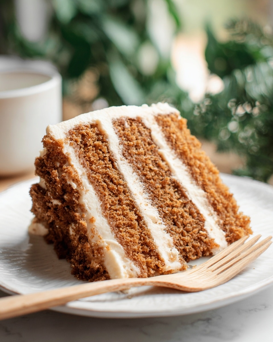 A close-up of a three-layer slice of brown cake with light cream-colored frosting between each layer and on the sides. The cake layers appear moist and crumbly, with a soft texture, while the frosting is smooth and slightly thick. The slice is served on a white plate with a light wooden fork placed next to it. The background has blurry green foliage and a window letting in natural light, all set on a white marbled surface. Photo taken with an iphone --ar 4:5 --v 7