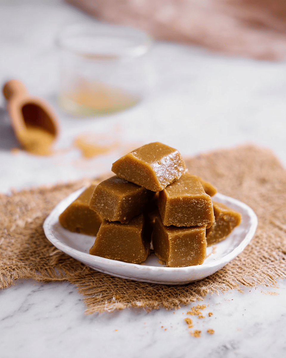 The image shows a white oval plate with six pieces of brownish, slightly shiny sugar jaggery stacked in two uneven layers. The jaggery blocks have a rough texture with small holes and soft, rounded edges. The plate is set on a piece of woven burlap fabric, all placed on a white marbled surface. In the blurry background, there is a clear measuring cup and a small brown scoop with some scattered jaggery dust nearby. Photo taken with an iphone --ar 4:5 --v 7