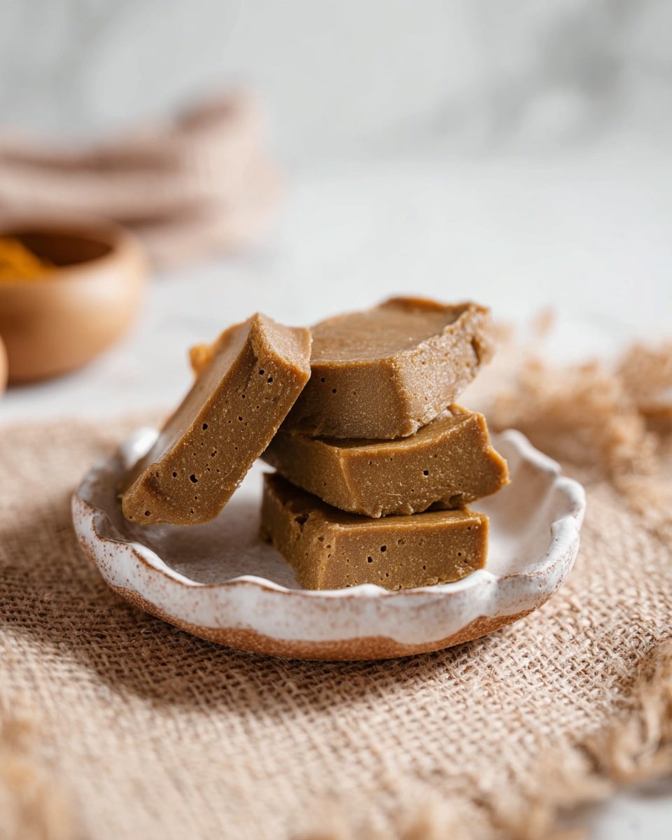 A close-up shot of a stack of four thick rectangular brown blocks with a slightly glossy texture and tiny air holes, placed unevenly on a white, slightly scalloped ceramic plate with a rough brown edge. The blocks have a smooth top and rough sides, and the stack is sitting on a coarse, light brown woven fabric. The background is a white marbled texture with a small blurred wooden bowl and a piece of cloth out of focus. photo taken with an iphone --ar 4:5 --v 7