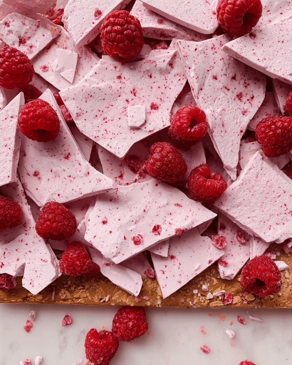 The image shows many broken pieces of pink bark scattered closely together on a white marbled surface. Each piece is light pink with a smooth texture, sprinkled with small red specks. On top and around the pieces, there are whole and crushed bright red raspberries adding rough texture and rich red color contrast. The image captures the bark in a roughly layered spread, with some pieces overlapping slightly. photo taken with an iphone --ar 4:5 --v 7