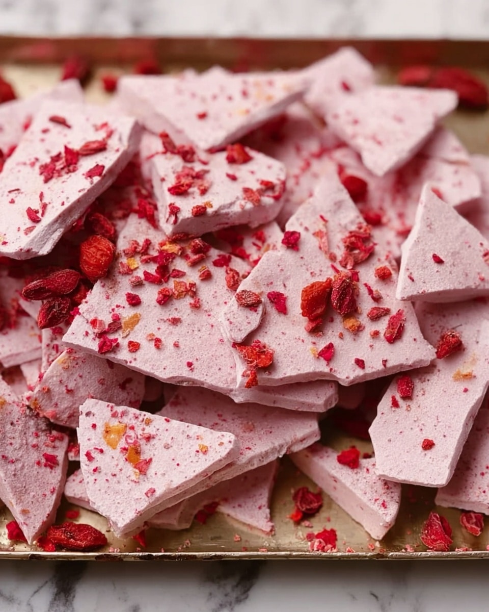 The image shows a tray filled with broken pieces of light pink bark that have a smooth texture and look crunchy. Each piece has small bits of dried red berries embedded in and scattered on top of the bark. The bark pieces vary in size and shape, mostly irregular triangles and shards. The tray is placed on a white marbled surface, and the roasted red berries provide a vibrant contrast to the pale pink bark. The overall look is simple yet colorful with layers of pink bark and red berry bits. photo taken with an iphone --ar 4:5 --v 7