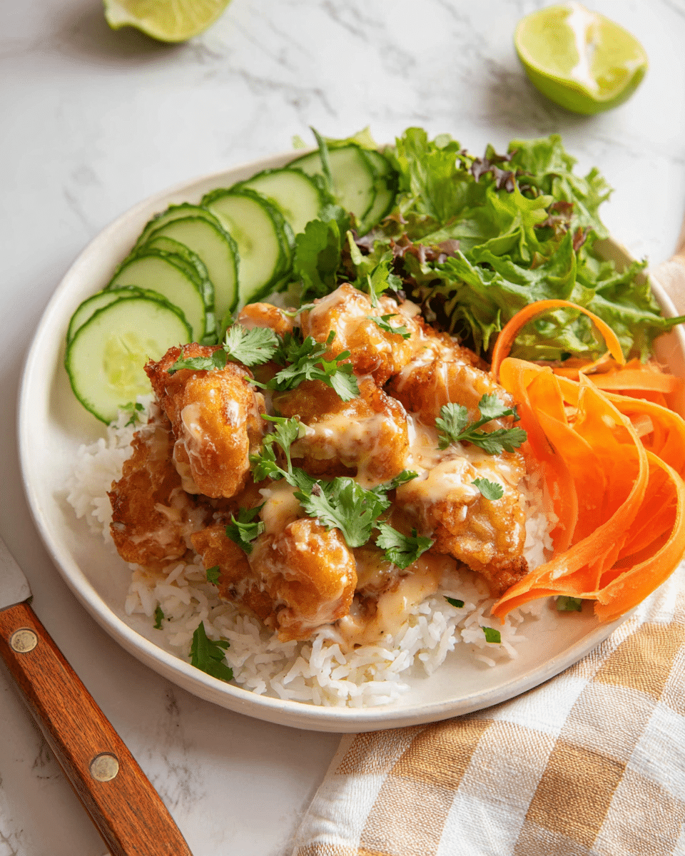 The dish shows a white round plate holding a base layer of white rice mostly hidden under several pieces of golden-brown fried chicken coated in a light creamy sauce, placed in the center. On the top of the chicken pieces are small green cilantro leaves. At the back of the plate, there is a half lime wedge on the left with sliced cucumber arranged neatly in a fan shape next to it. To the right of the cucumber, there are curled thin orange carrot ribbons and fresh mixed green leafy salad also garnished with herbs, forming the right side of the plate. Everything rests on a white marbled surface with a beige and white checkered cloth partially under the plate, and a wooden knife handle is visible at the bottom edge. photo taken with an iphone --ar 4:5 --v 7