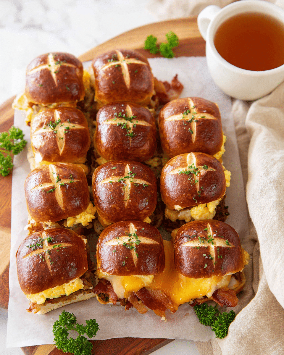 Nine small breakfast sliders are arranged close together on white parchment paper over a wooden board with a white marbled texture underneath. Each slider has a shiny, golden brown pretzel bun top with three deep slashes and a sprinkle of green herbs on top. The layers under the bun show scrambled yellow eggs, crispy brown sausage, melted orange cheese, and bacon with a reddish-brown hue peeking out on the sides. Small green parsley sprigs are scattered around the sliders on the parchment and board. A white cup filled with a clear amber-colored liquid sits near the top right, with a light beige cloth softly folded next to it. photo taken with an iphone --ar 4:5 --v 7