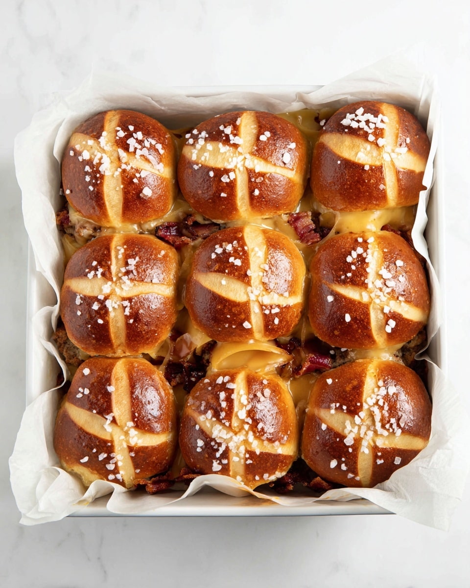 The image shows nine soft pretzel slider buns arranged in a 3x3 grid inside a white square baking dish lined with parchment paper. Each pretzel bun has a deep golden-brown top with lighter beige stripes and is sprinkled with coarse white salt. Underneath the buns, there are visible layers of cooked bacon, melted cheese, and a sausage patty, adding textures of crispy, gooey, and slightly crumbled, all tightly packed in the dish. The dish is set on a white marbled surface, giving the whole scene a clean and bright look. Photo taken with an iphone --ar 4:5 --v 7
