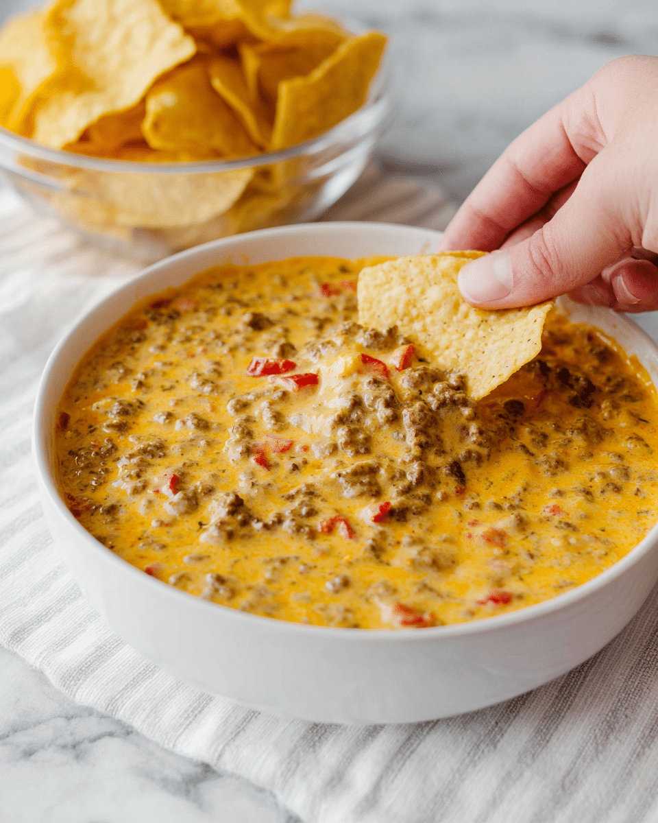 A white bowl filled with thick, creamy cheese dip mixed with visible chunks of browned ground meat and small pieces of red peppers, creating a textured yellow-orange surface with specks of herbs. A woman's hand is dipping a textured, lightly golden tortilla chip into the dip, slightly lifting it. Behind the bowl, there is a clear glass bowl filled with more golden tortilla chips. The setting is on a white marbled surface with a white, striped cloth underneath. photo taken with an iphone --ar 4:5 --v 7
