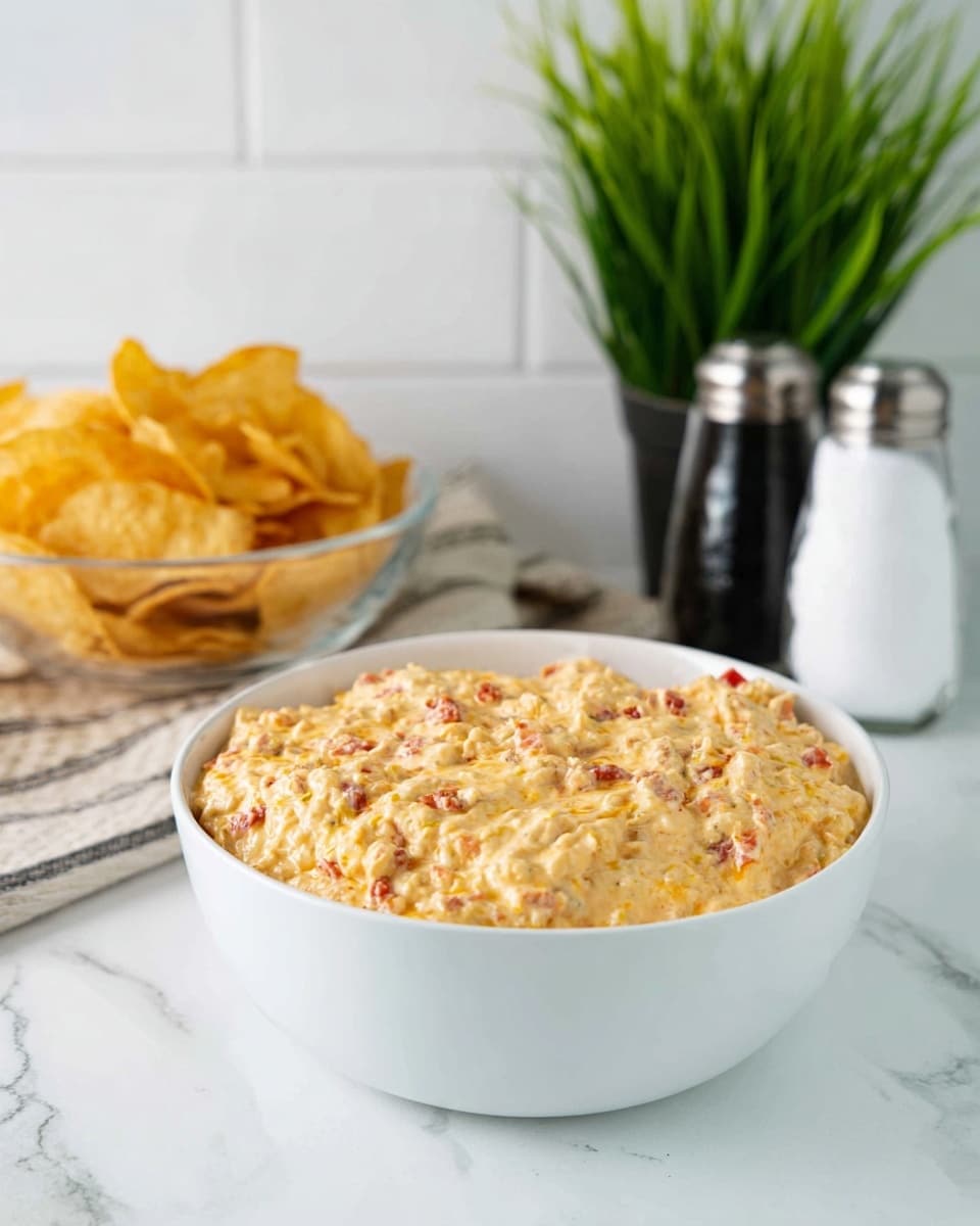 A close-up of a white bowl filled with a creamy, chunky dip made of melted cheese with small pieces of red and brown ingredients mixed throughout, giving it a textured, slightly lumpy surface. Behind the bowl, on the left, there is a clear glass bowl filled with golden, crispy chips that look light and crunchy. To the right, there is a green potted plant with long, narrow leaves next to a white salt shaker and a dark-colored pepper shaker. The scene is set on a white marbled surface. photo taken with an iphone --ar 4:5 --v 7