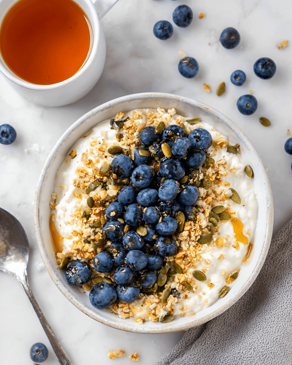 In the white bowl, there is a thick layer of creamy white cottage cheese topped with a generous layer of granola that includes oats and green pumpkin seeds, scattered evenly across the surface. On top of the granola, fresh, plump blueberries are spread out, their deep blue color contrasting with the creamy white base and golden brown granola. The dish is finished with a drizzle of light amber honey, adding a shiny texture to the top layer. Around the bowl on a white marbled surface, more blueberries are scattered, and a white cup filled with amber-colored tea is placed nearby. Photo taken with an iphone --ar 4:5 --v 7