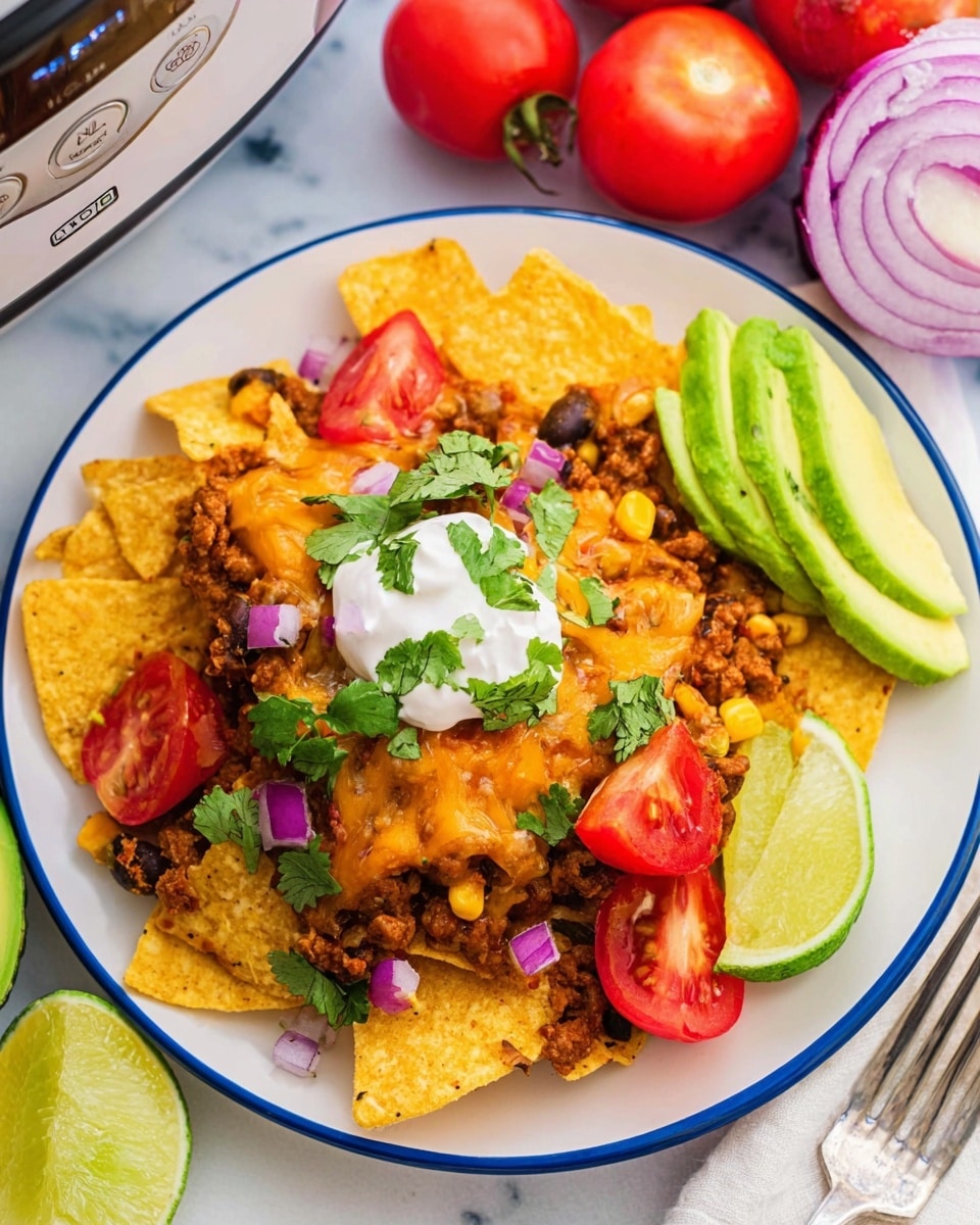 A white plate with a blue rim holds a colorful nacho dish with three main layers visible. The bottom layer is made of yellow crispy tortilla chips, some peeking out from underneath. Above that is a thick layer of cooked ground beef mixed with corn and black beans, richly brown and textured. The top layer is melted orange cheddar cheese that clings to the chips and beef. Scattered on top are fresh red tomato chunks, small pieces of purple onion, and finely chopped green cilantro. A dollop of white sour cream sits near the center with a lime wedge resting on it. On the side of the plate are bright green avocado slices. The plate rests on a white marbled surface with a fork lying behind the food, tomatoes, a halved red onion, and lime halves visible in the background. Photo taken with an iphone --ar 4:5 --v 7