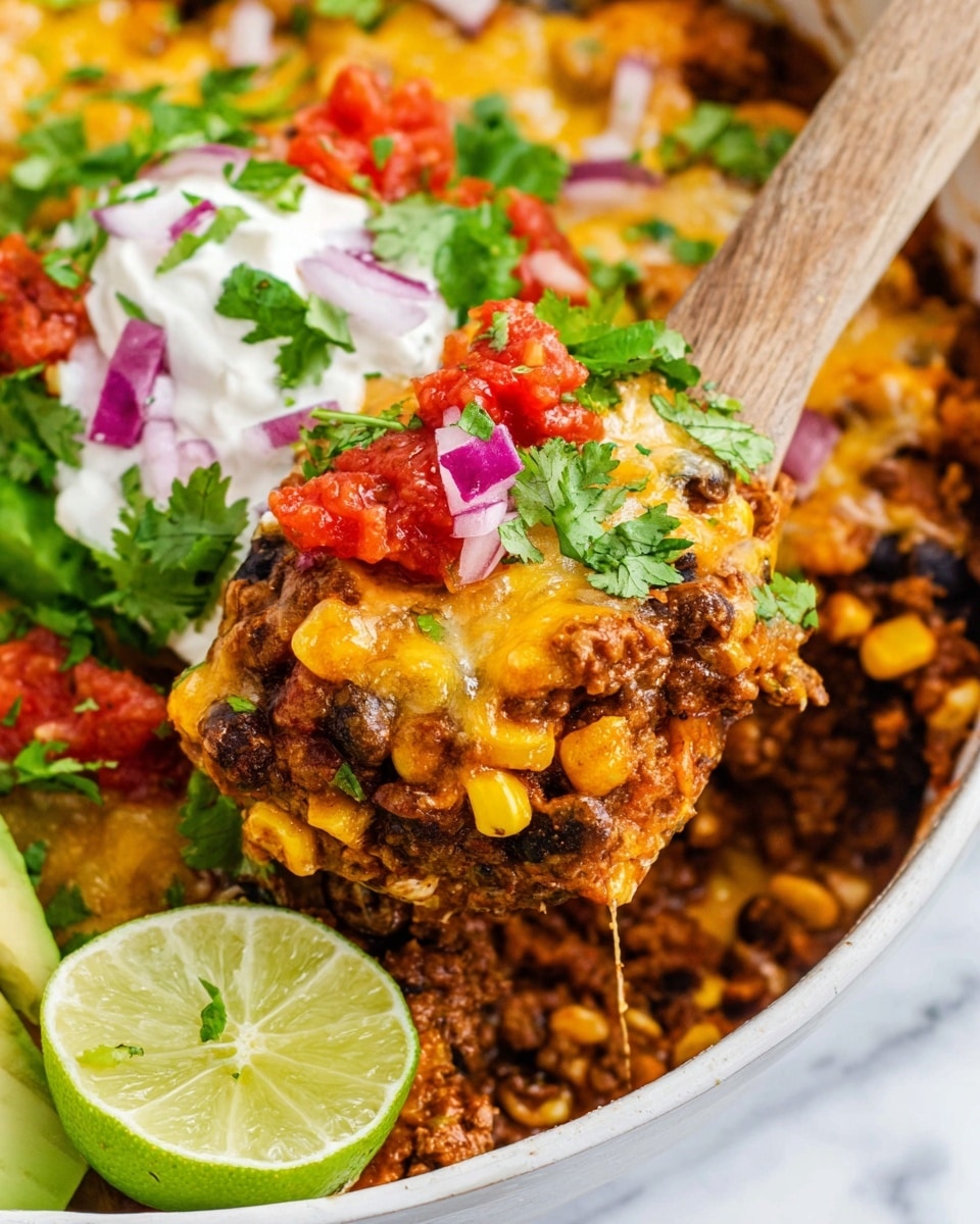 The dish shows a close-up of a layered Tex-Mex style meal in a white bowl, with a wooden spoon lifting a portion. The bottom layer is ground beef mixed with black beans and orange melted cheese, giving a rich, textured look. On top of that, there is a layer of bright yellow corn kernels. Above the corn, there are dollops of red salsa and chopped red onions, with fresh green cilantro leaves scattered on top. To the side, a pale green lime wedge is visible, with a few curls of light yellow avocado slices and white sour cream topped with more cilantro. The background is a white marbled texture. Photo taken with an iphone --ar 4:5 --v 7