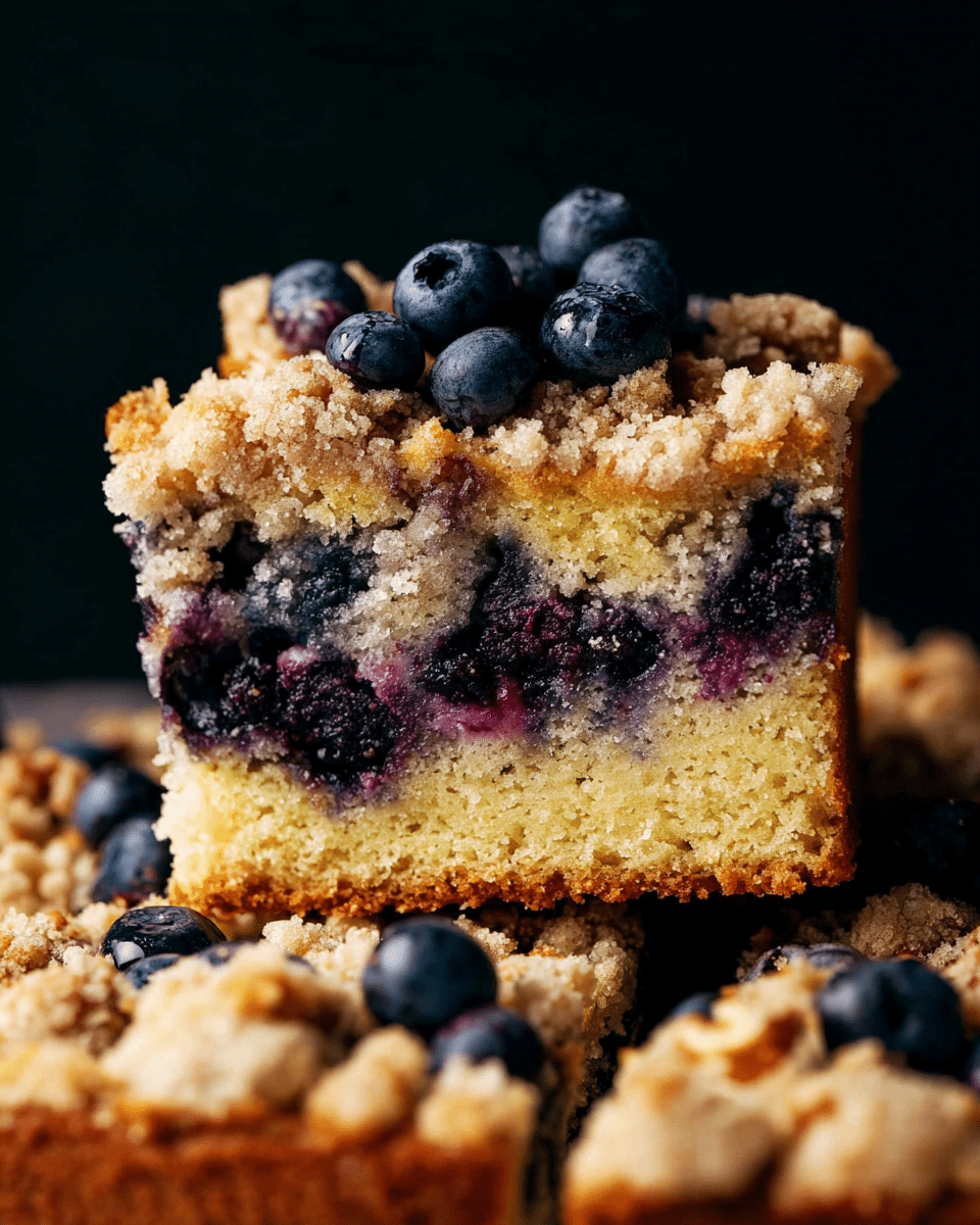 A close-up image of a thick slice of blueberry crumb cake placed on top of more pieces of the same cake, all showing three layers: a dense, light yellow cake base dotted with dark purple-blue blueberries, a middle layer of crumbly light brown streusel with visible sugar and nut chunks, and a topping of fresh, plump blueberries. The cake has a rough, crumbly texture on top, with scattered blueberries and crumbs around. The background is a dark color that highlights the cake. photo taken with an iphone --ar 4:5 --v 7