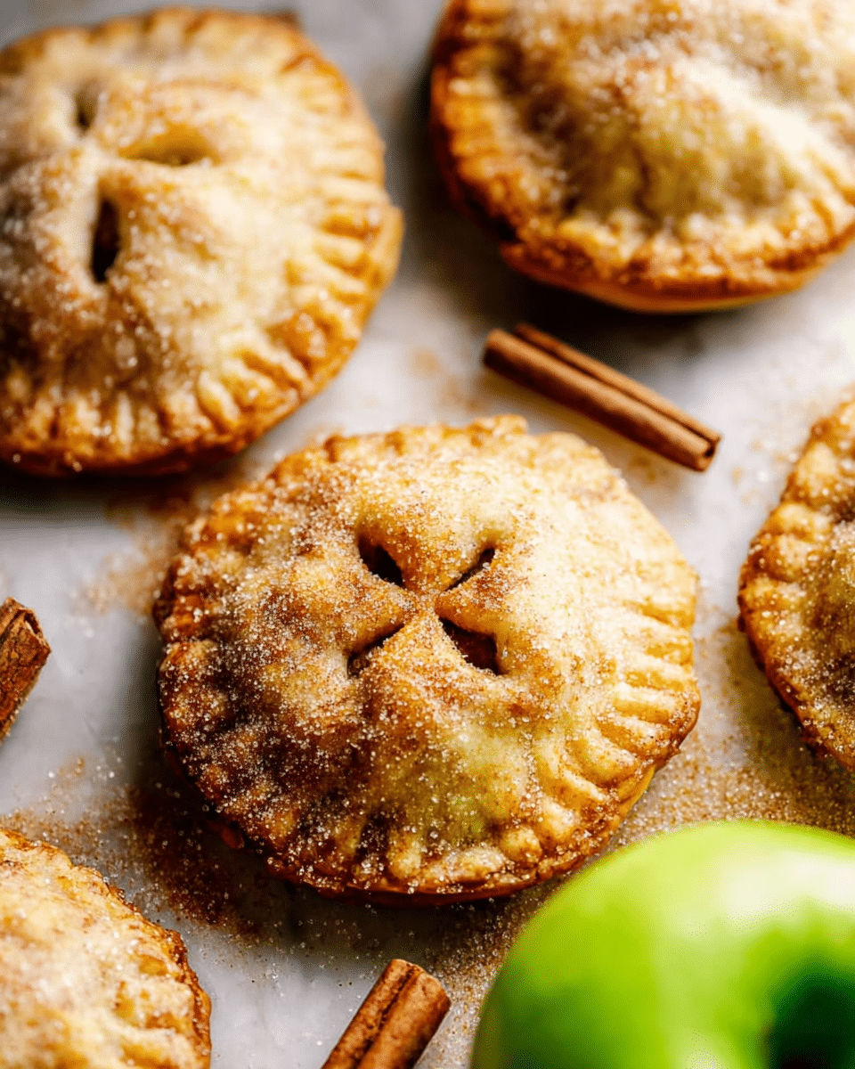The image shows several small round hand pies with golden-brown crusts sprinkled with coarse sugar on top, giving them a slightly sparkling texture. Each hand pie has four small slits cut in the center for ventilation. They rest on a white marbled surface alongside a bright green apple and a cinnamon stick, adding a fresh and warm touch to the scene. The crust looks flaky and crisp, with a mix of light and darker golden tones. Photo taken with an iphone --ar 4:5 --v 7