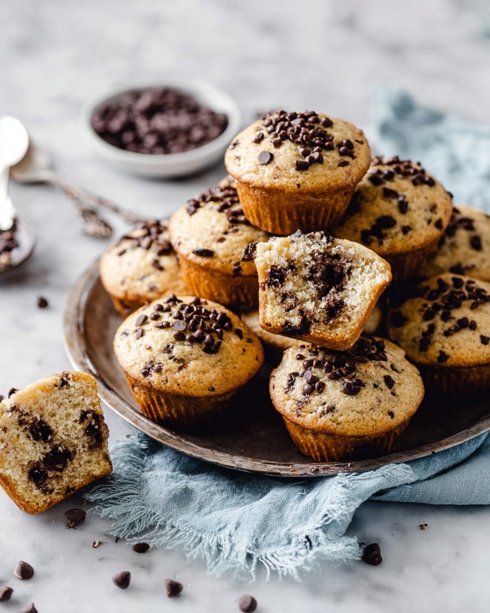 A metal muffin tray holds several golden brown chocolate chip muffins, some stacked on each other and some cut open to show a soft, moist inside filled with dark chocolate chips. The muffins have a slightly rounded top, sprinkled generously with chocolate chips, creating a textured look. The tray is placed on a white marbled surface where a small white bowl with chocolate chips and a few white spoons are visible in the background. Scattered chocolate chips lie around the tray, and a light blue frayed cloth rests nearby. Photo taken with an iphone --ar 4:5 --v 7