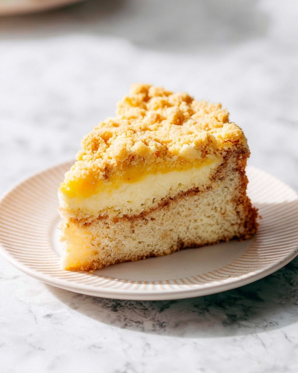 A single slice of crumb cake is shown on a white plate with a textured rim, set on a white marbled surface. The cake has three visible layers: the bottom layer is light brown and soft with a fluffy texture, the middle layer is a thin, bright yellow creamy filling, and the top layer is a crumbly, golden-yellow streusel topping with a rough texture. The lighting highlights the soft crumb and crumb topping, casting gentle shadows around the slice. photo taken with an iphone --ar 4:5 --v 7