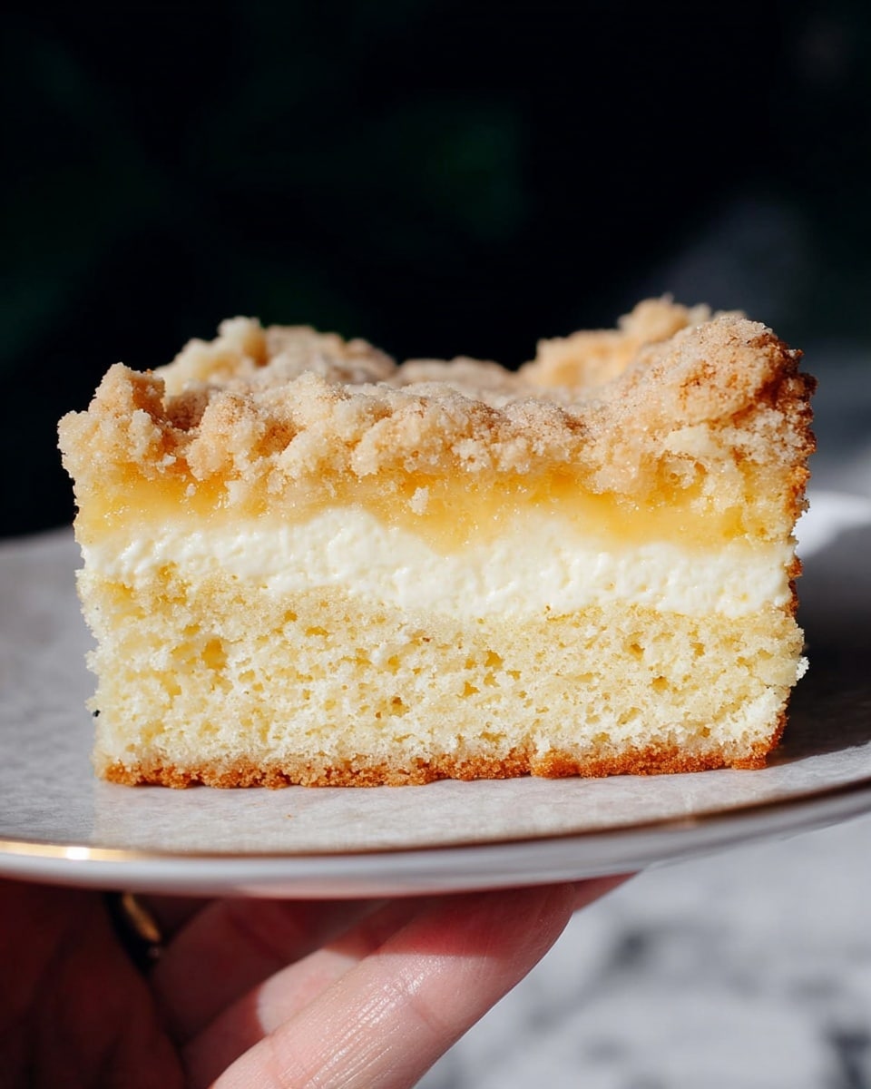The image shows a close-up side view of a three-layered dessert slice on a white plate with a white marbled texture background. The bottom layer is a thick, light golden-brown cake with a porous, soft texture. Above it is a thin, creamy white layer that looks smooth and slightly dense. The top layer is a crumbly, light golden topping with a slightly uneven surface, suggesting a streusel or crumble. A woman's hand is holding the edge of the plate from underneath, with the background softly blurred in dark tones. Photo taken with an iphone --ar 4:5 --v 7