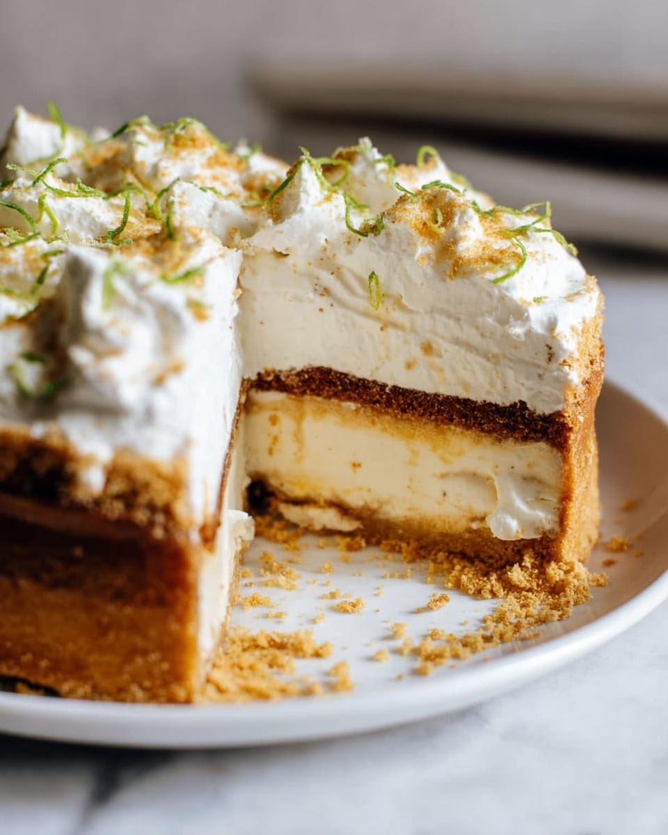 The image shows a close-up of a round layered cake with three visible layers: the bottom layer is a golden brown crumbly crust, the middle layer is creamy off-white filling with a darker brown thin layer in the center, and the top layer is thick white whipped cream decorated with light brown crumbs and thin green zest pieces scattered on top. Part of the cake is cut out and some whipped cream has fallen onto the white marbled surface beneath the white plate holding the cake. Photo taken with an iphone --ar 4:5 --v 7