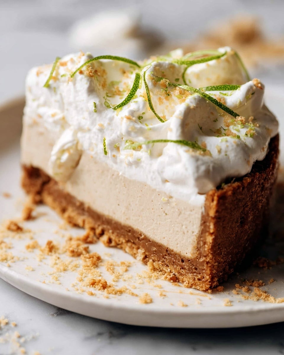 A close-up image of a slice of tart showing three main layers: the bottom layer is a thick, crumbly brown crust that looks textured and firm; the middle layer is a smooth, dense beige filling; the top layer is fluffy white whipped cream with a soft texture, decorated with thin green lime zest strips and small crumbs sprinkled on top. The tart is placed on a white plate on a white marbled surface, with some whipped cream spilling over the edge and crumbs scattered around. Photo taken with an iphone --ar 4:5 --v 7