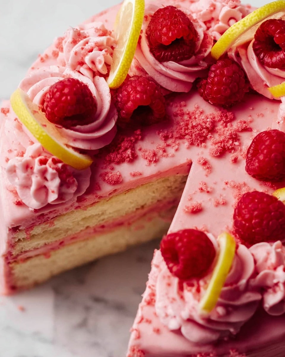 A close-up of a pink frosted cake with one slice removed, showing three visible layers: a base layer of light-colored cake, a middle layer of the same light-colored cake, and a thick top layer of smooth pink frosting with a creamy texture. The cake's top is decorated with swirled pink frosting dollops, fresh red raspberries, and thin yellow lemon wedges placed evenly around the edge. Crushed pink crumbs are scattered over the frosting, all on a white marbled surface. photo taken with an iphone --ar 4:5 --v 7