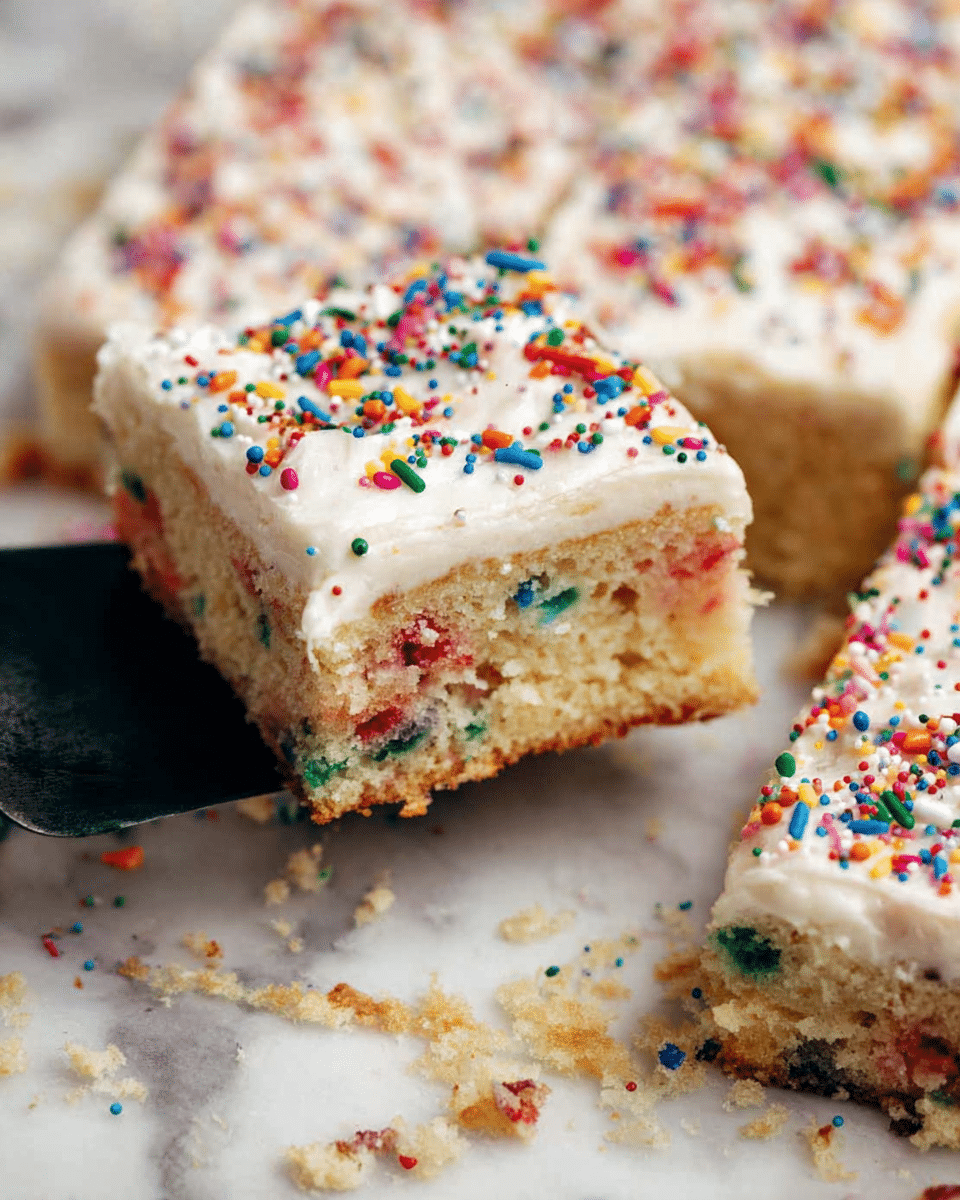 A close-up image of a square funfetti cake with one piece being lifted by a black spatula. The cake has two layers: the bottom layer is a light golden sponge with colorful sprinkles baked inside, creating small red, blue, green, and purple spots throughout. The top layer is a thick white frosting spread evenly over the cake, decorated with scattered rainbow-colored sprinkles of various shapes and sizes. The cake is on a white marbled surface, with crumbs and sprinkles around the edges. photo taken with an iphone --ar 4:5 --v 7