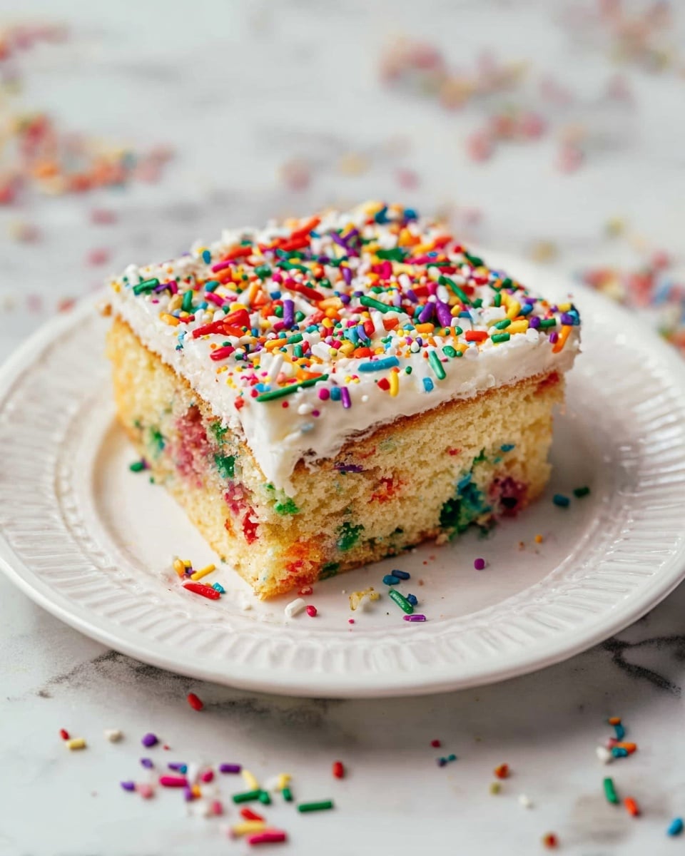 A square slice of funfetti cake sits on a white plate with a raised pattern around the edge. The cake has two layers: the bottom layer is a light yellow sponge with colorful sprinkles baked inside, showing small dots of red, green, purple, and orange. The top layer is a thick spread of creamy white frosting, generously topped with bright multicolored sprinkles in various shapes and sizes. The plate rests on a white marbled texture surface with scattered sprinkles around it. photo taken with an iphone --ar 4:5 --v 7