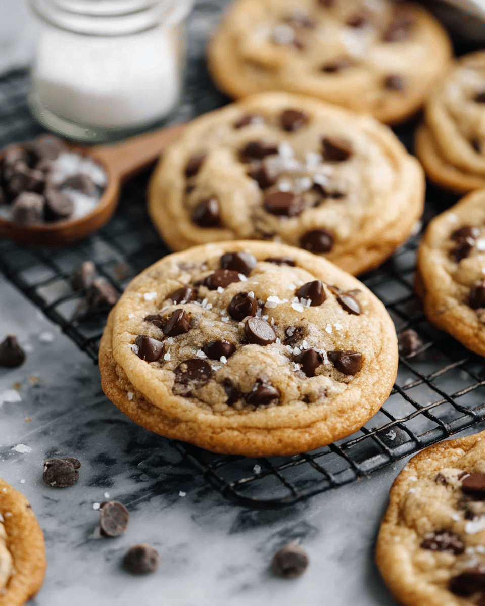 The image shows multiple soft chocolate chip cookies on a black wire cooling rack over a white marbled surface. Each cookie has a golden-brown, slightly crispy edge with a lighter, soft center filled with dark brown chocolate chips scattered throughout. Some cookies have a light sprinkle of coarse salt on top, adding a slight texture contrast. Chocolate chips are also scattered casually on the surface near the cookies. In the background, there is a small glass jar with coarse salt visible, adding to the scene's detail. photo taken with an iphone --ar 4:5 --v 7