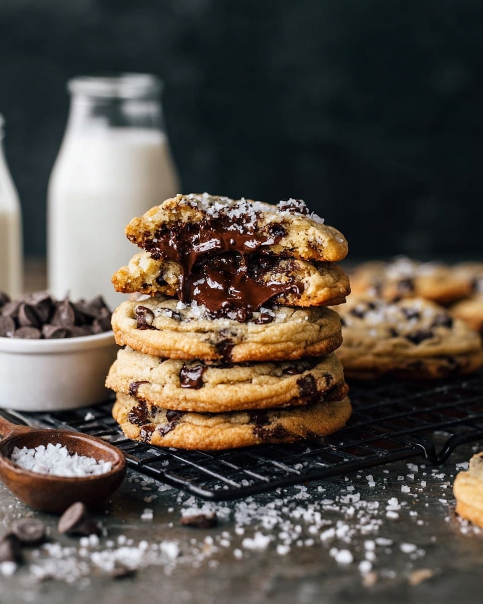 A stack of five chocolate chip cookies sits on a black cooling rack, with the top cookie broken in half showing gooey, melted dark chocolate chips dripping down the sides. The cookies are light golden brown with visible dark chocolate chips scattered throughout. Around the base of the stack are scattered chocolate chips and flakes of white sea salt. Behind the cookies, there is a small white bowl filled with more dark chocolate chips and two glass bottles filled with milk. The surface is a white marbled texture with some scattered salt flakes, and the background is dark, making the warm tones of the cookies stand out. photo taken with an iphone --ar 4:5 --v 7
