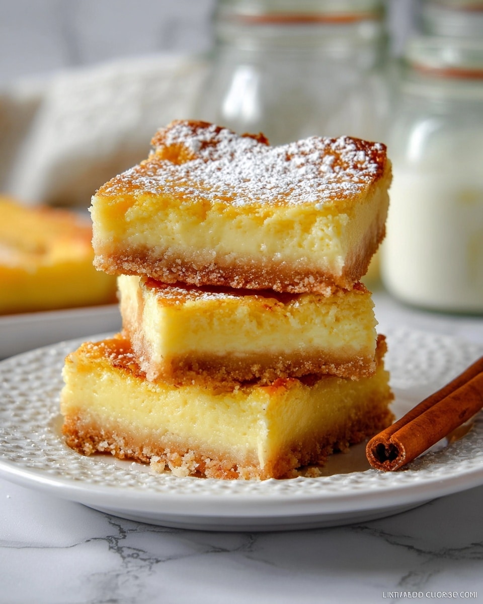The image shows three square pieces of a two-layer dessert stacked on a white plate with a subtle textured pattern. Each piece has a light brown bottom crust that looks firm and crumbly and a thick, creamy yellow top layer with a slightly caramelized, golden surface. The top layer is sprinkled with a light dusting of white powdered sugar. One piece is leaning against the others, showing the contrast between the smooth top layer and the crumbly base. A cinnamon stick lies on the plate near the dessert. The background features a white marbled texture with blurred glass jars, giving a soft and warm feel. Photo taken with an iphone --ar 4:5 --v 7