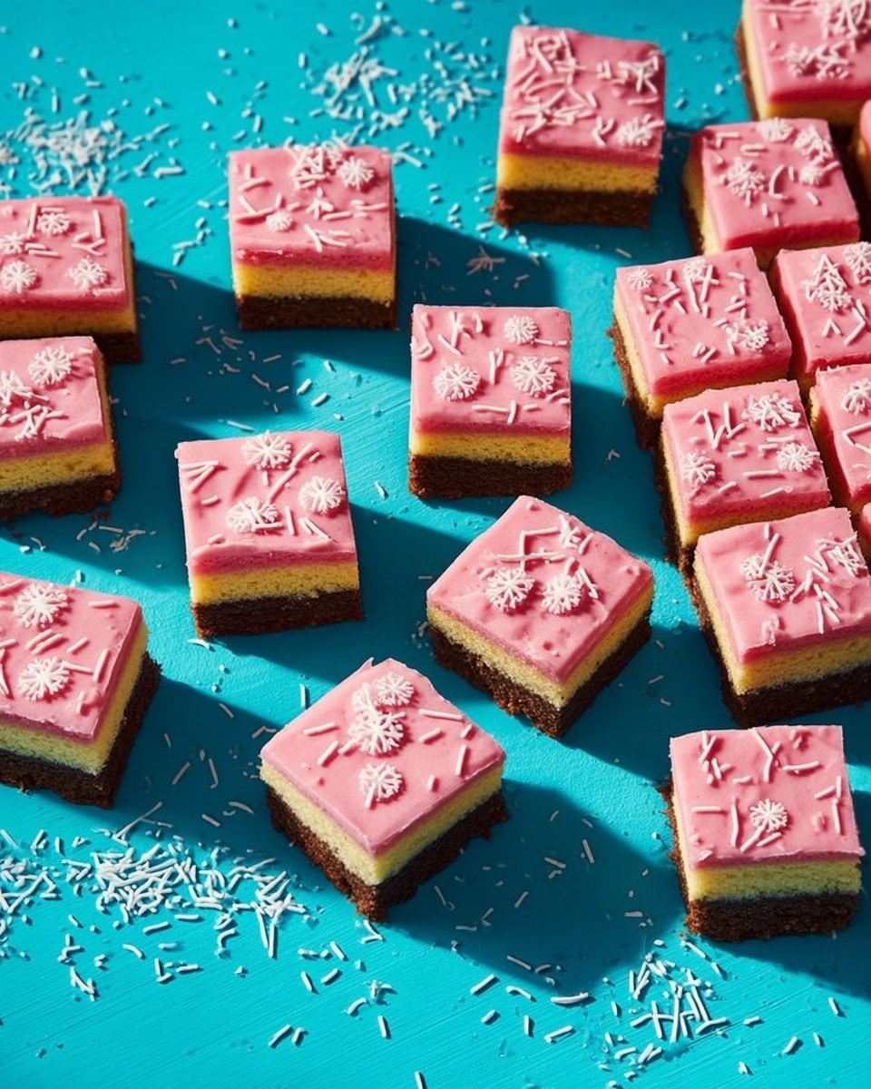 The image shows many small square layered cakes with three clear layers: a bottom dark brown layer with a smooth texture, a middle light yellow layer that looks soft, and a top bright pink frosting layer with a smooth finish. The pink layer is decorated with white sprinkle shapes, including small rods and tiny snowflakes, spread evenly on each piece. The squares are arranged on a bright blue surface with some sprinkles scattered around. Some cake pieces are neatly cut into a grid pattern on the right, while others are spread loosely on the left. The lighting creates sharp shadows, adding depth to the layout. Photo taken with an iphone --ar 4:5 --v 7