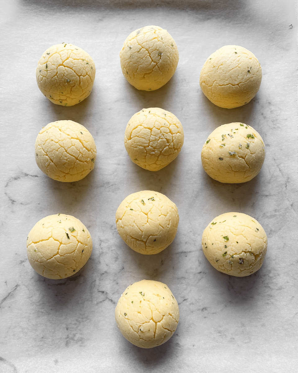 Nine raw dough balls are placed evenly on a sheet of parchment paper, which lies on a white marbled surface. Each dough ball is round and pale yellow with a cracked texture on the surface. Two of the dough balls are sprinkled with small bits of green herbs embedded in the dough, adding a touch of color and texture. The other dough balls are plain with a smooth but cracked top. The light creates soft shadows around each dough ball, showing their plump shape. Photo taken with an iphone --ar 4:5 --v 7