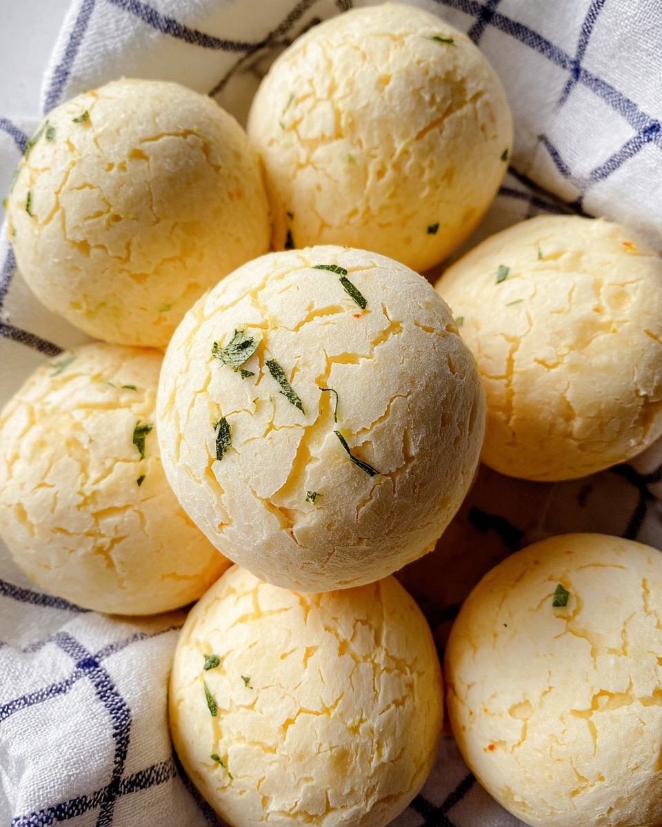 The image shows a close-up of nine round cheese bread rolls with a cracked, pale yellow surface texture. The rolls are scattered on a white and navy-blue checkered cloth, adding a soft background. One roll in the center has small green herb pieces embedded on its surface, giving a hint of freshness and color contrast. The texture of the rolls looks light and puffy, highlighting their airy interior. The photo is taken with an iphone --ar 4:5 --v 7
