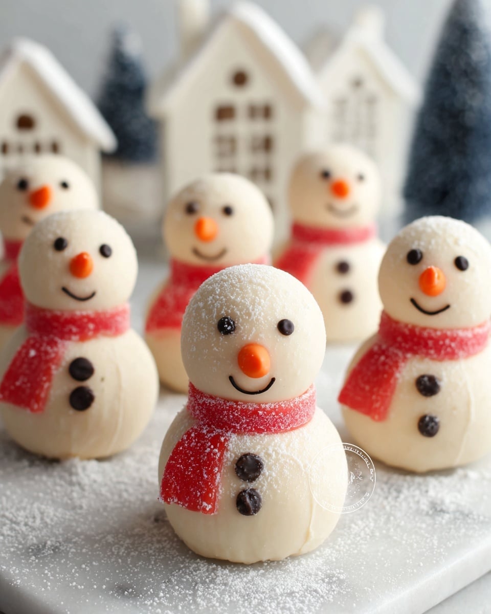 This image shows several small snowman-shaped sweets arranged on a white marbled surface dusted lightly with powdered sugar. Each snowman has two creamy white round layers, a larger bottom sphere and a smaller top sphere forming the head. They have small black dots for eyes and buttons, a small curved black smile, and a bright orange carrot-shaped nose. Around the neck of each snowman is a thin, bright red sugary candy strip wrapped like a scarf. The background includes blurry white decorative house shapes, adding a cozy winter feel. Photo taken with an iphone --ar 4:5 --v 7