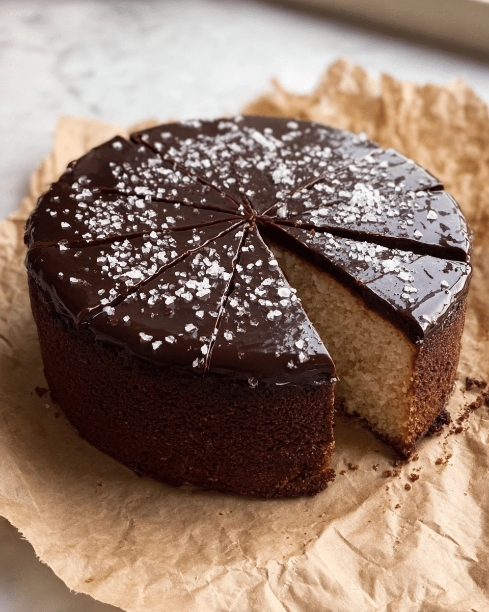 The image shows a round, two-layer chocolate cake with a darker bottom layer and a lighter, fluffy top layer. The cake is topped with a smooth, shiny dark chocolate glaze sprinkled with coarse sea salt flakes. The cake is sliced into 12 even pieces, but still intact, and is placed on a crumpled light brown paper over a white marbled surface near a window. The edges of the cake have a soft, spongy texture. photo taken with an iphone --ar 4:5 --v 7