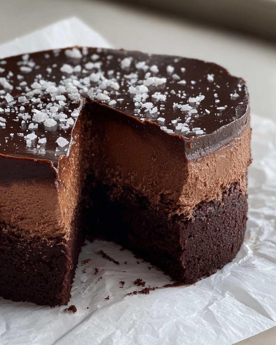 A dark chocolate cake with two distinct layers sits on white parchment paper over a white marbled surface. The bottom layer is a dense, moist chocolate base that is rich and dark brown. Above it, there is a thick, fluffy mousse-like chocolate layer with a lighter, airy texture, slightly darker than the topping. The top of the cake is covered with a glossy, smooth chocolate glaze that reflects light, sprinkled with coarse white flakes, possibly sea salt, scattered evenly across the surface. A slice is removed, showing the clear separation between the three layers, and the edges of the cut are clean and sharp. photo taken with an iphone --ar 4:5 --v 7