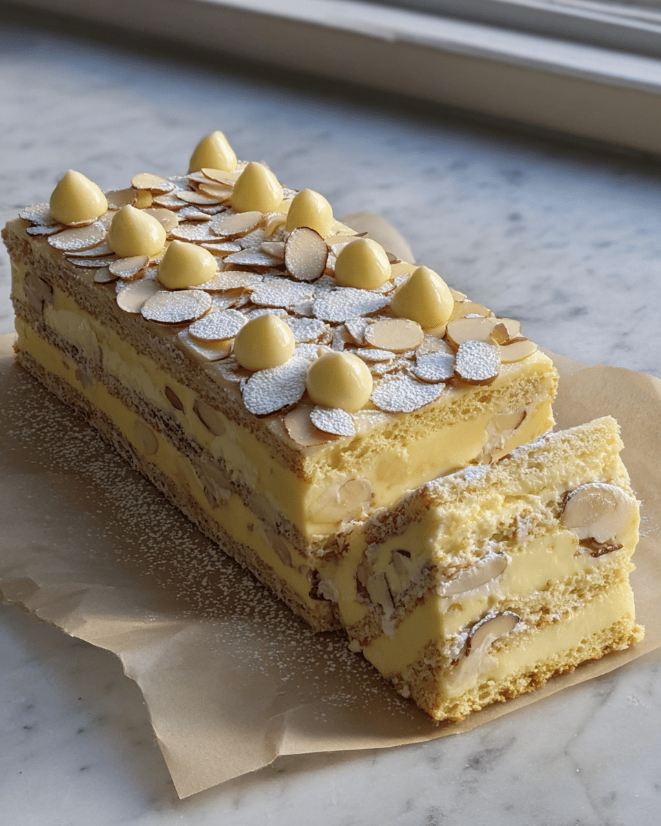 A rectangular layered cake is shown resting on parchment paper over a white marbled surface near a window. The cake has multiple layers, alternating between light yellow sponge cake and creamy pale yellow custard, totaling about five visible layers. The top layer is decorated with toasted almond slices dusted with powdered sugar, and small dollops of smooth yellow cream are evenly spaced across the surface. The cake slice cut from the larger piece shows the delicate, soft layers inside clearly. Photo taken with an iphone --ar 4:5 --v 7
