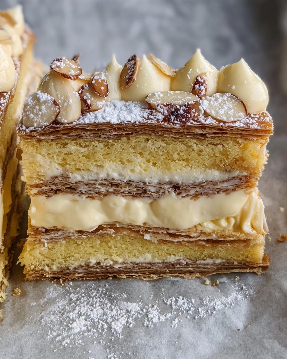 The image shows a close-up of a slice of layered cake resting on a light parchment paper with some powdered sugar scattered around. The cake has five layers: the first, third, and fifth layers are spongy and light yellow with a soft texture, while the second and fourth layers are thin, flaky, and brown, resembling pastry sheets. Between these layers and on top, there is a thick, creamy pale yellow filling that looks smooth and rich, with dollops piped along the edges. The top surface is dusted with powdered sugar and scattered sliced almonds. Photo taken with an iphone --ar 4:5 --v 7